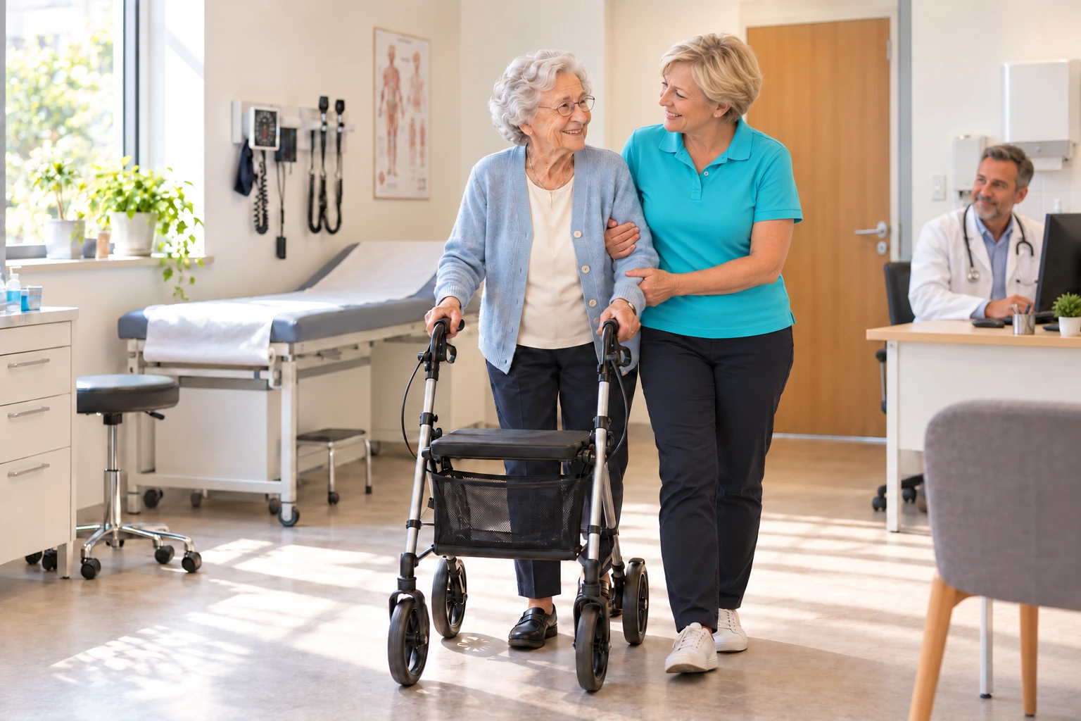 Illustratives KI-Motiv: Seniorin mit Rollator wird im Arztzimmer von älterer Betreuerin rechts am Arm unterstützt