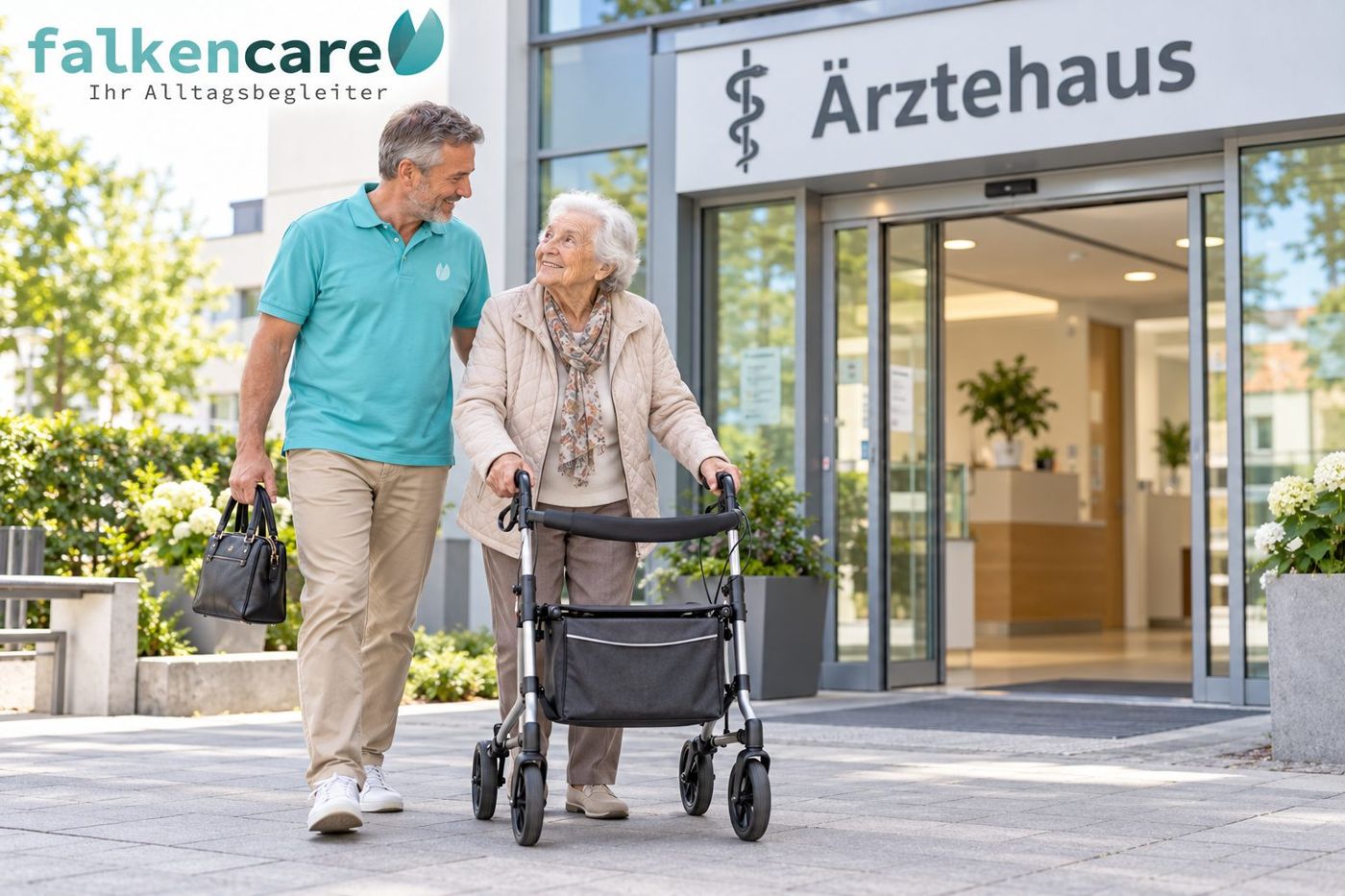 Ein Alltagsbegleiter begleitet eine ältere Dame mit Rollator zum Ärztehaus