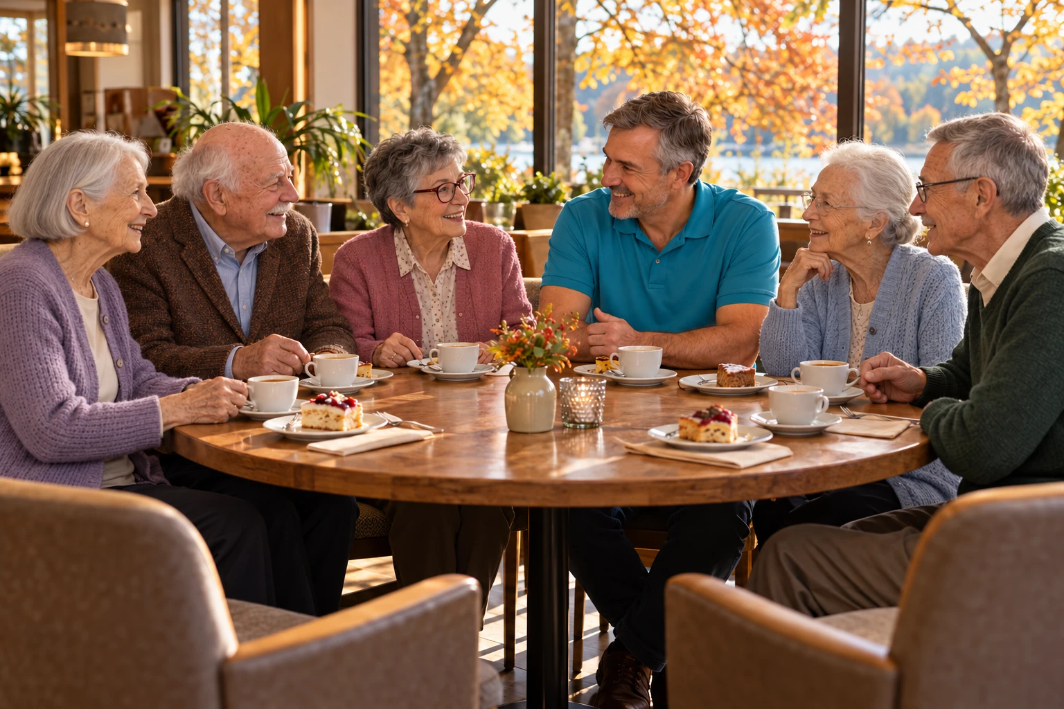 Illustratives KI-Motiv: fünf unterschiedliche Senioren mit Betreuer bei Kaffee und Kuchen im Café