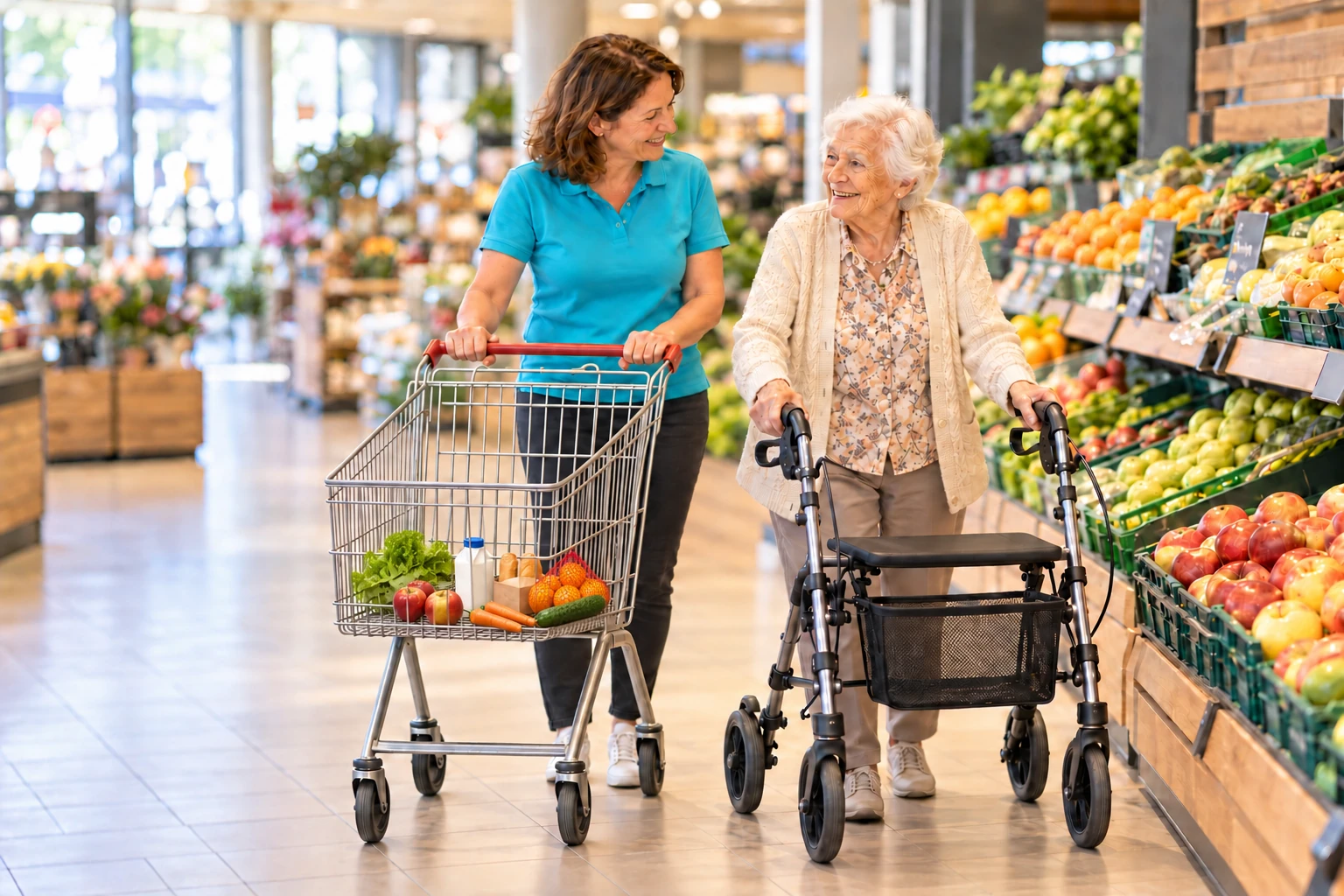 Illustratives KI-Motiv: Betreuerin schiebt Einkaufswagen neben hochbetagter Seniorin mit Rollator