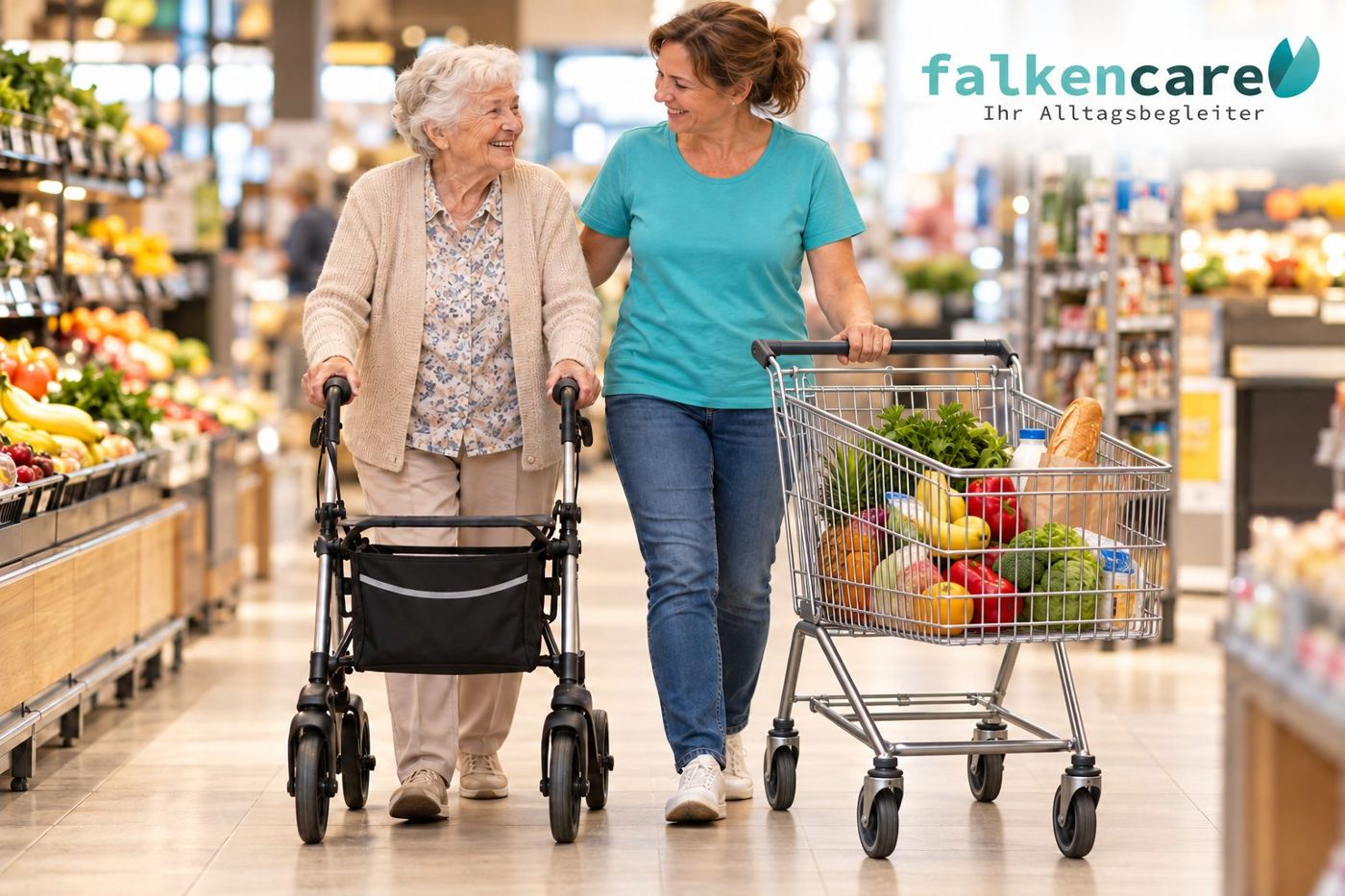 Einkaufsbegleitung in Dallgow-Döberitz: Alltagsbegleiterin und Seniorin mit Rollator beim gemeinsamen Einkauf im Supermarkt