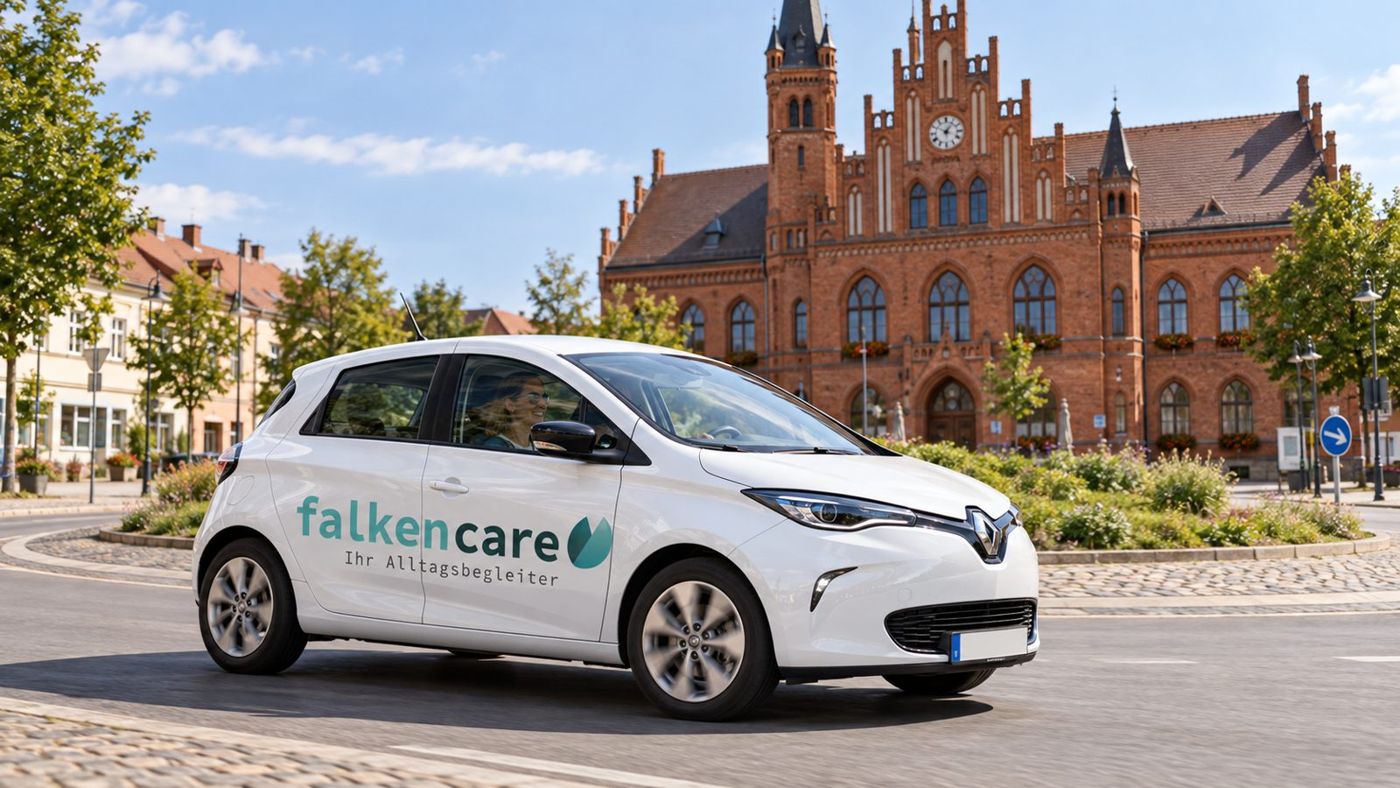 Weißes Firmenauto mit falkencare-Logo vor einem historischen Rathaus