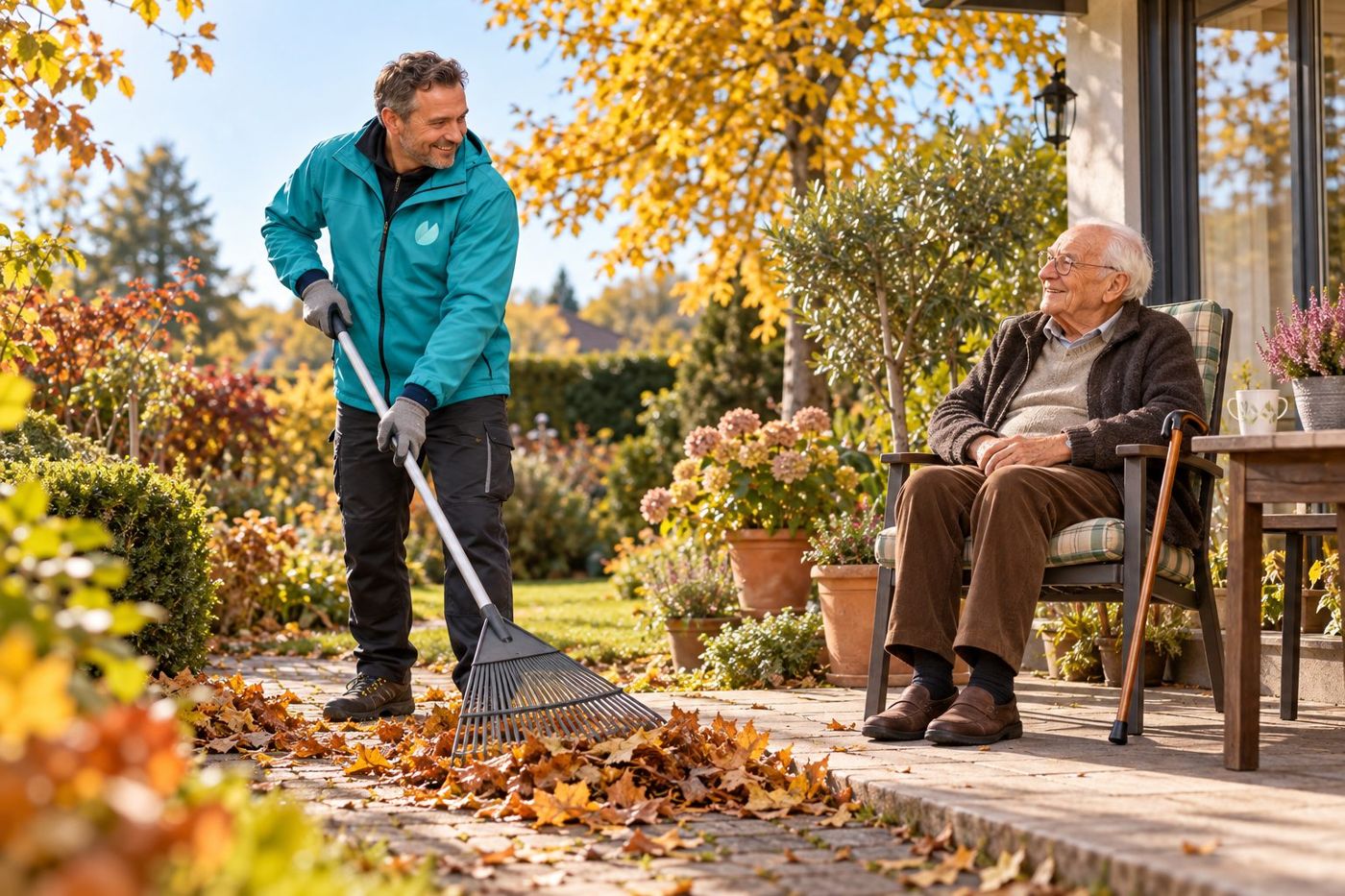 Ein Helfer recht Herbstlaub im Garten, ein älterer Herr sitzt daneben auf der Terrasse