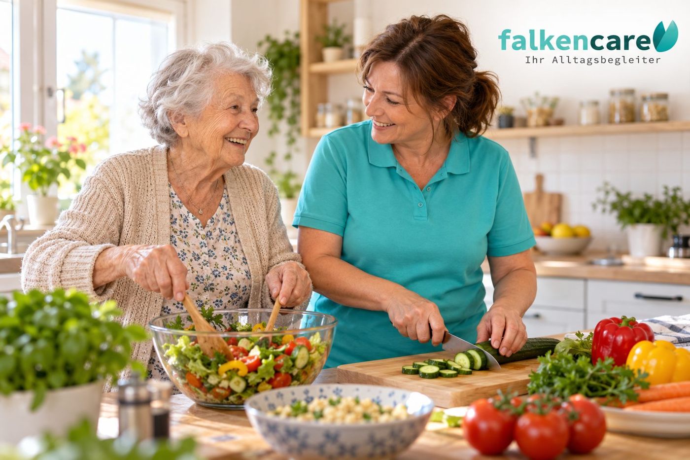 Haushaltshilfe in Dallgow-Döberitz: Alltagsbegleiterin und Seniorin kochen gemeinsam in der Küche