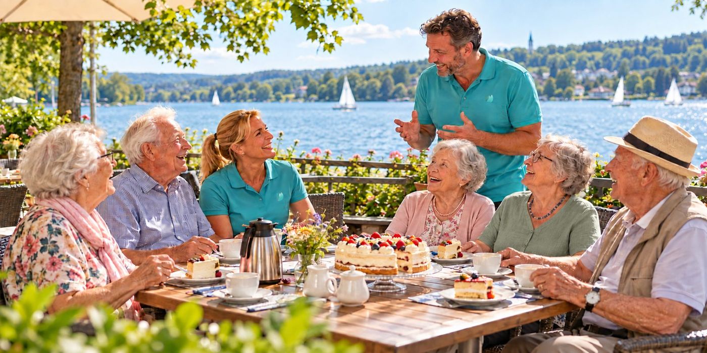 Eine Gruppe älterer Menschen sitzt mit zwei Begleitern bei Kaffee und Kuchen auf einer Terrasse am See