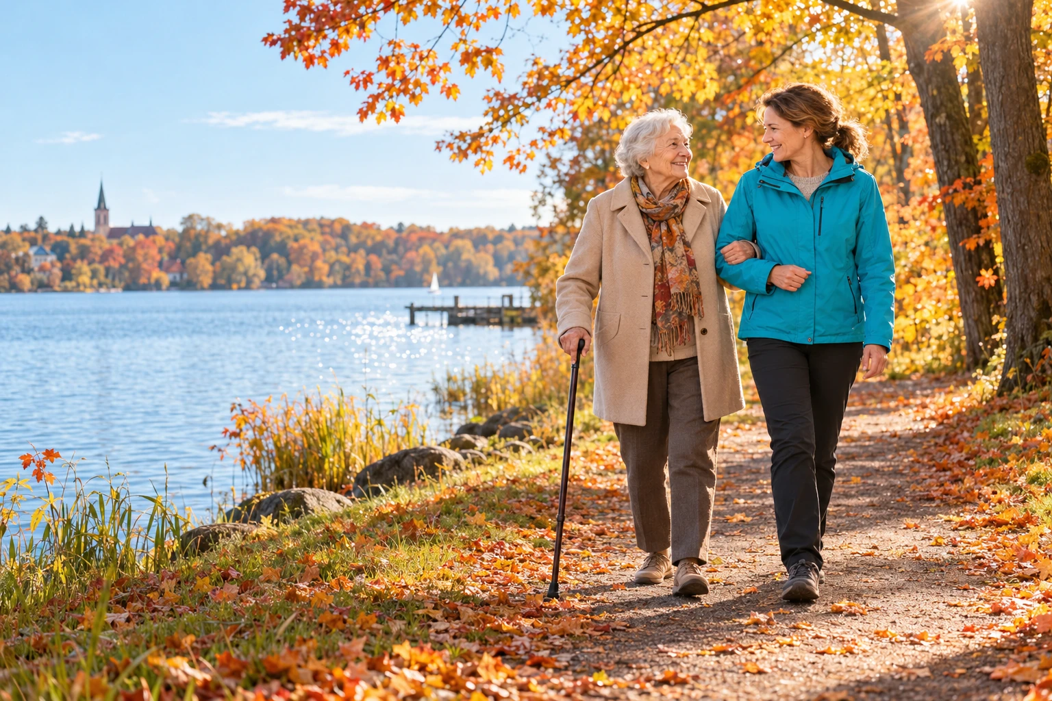 Illustratives KI-Motiv: Seniorin mit Gehstock und Begleiterin beim Herbstspaziergang am See