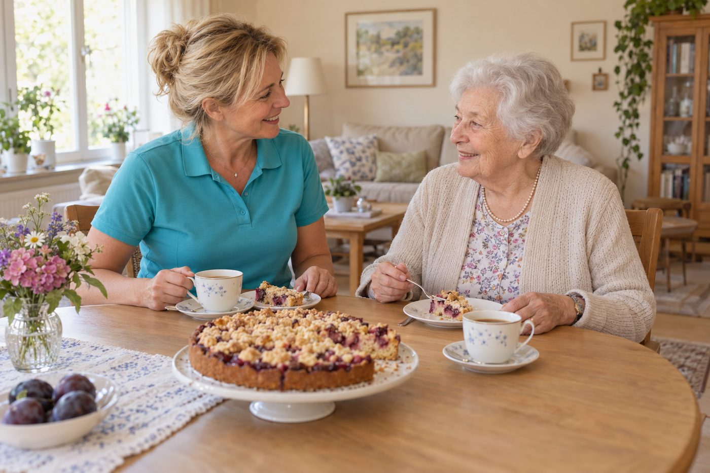 Alltagsbegleiterin von Falken Care bei Kaffee und Pflaumenkuchen mit einer Seniorin
