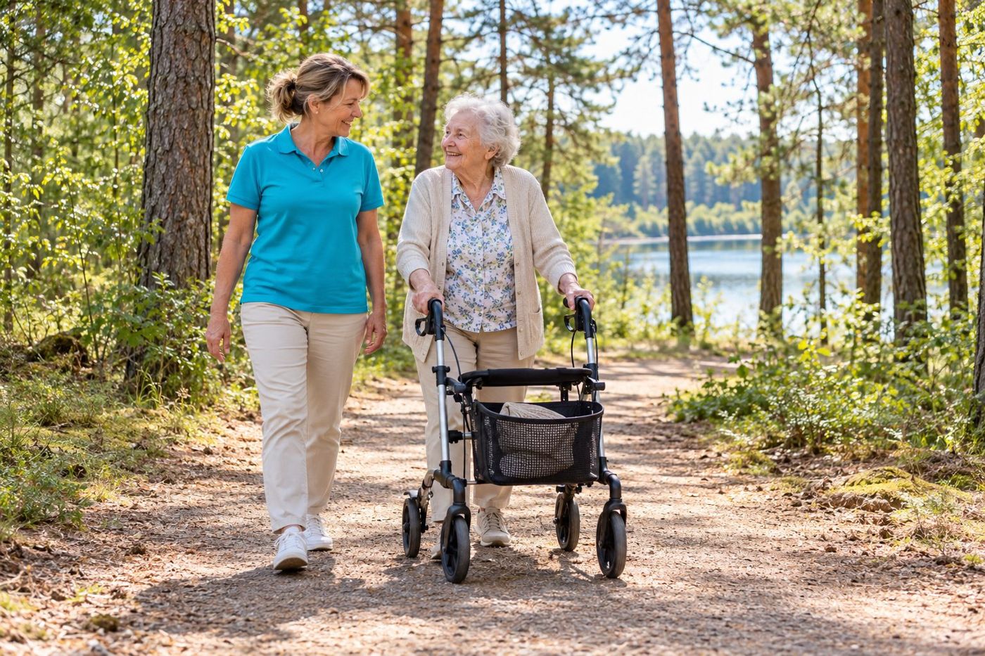Spaziergang in Brieselang: Alltagsbegleiterin und Seniorin mit Rollator auf einem Waldweg zwischen Kiefern, im Hintergrund ein See